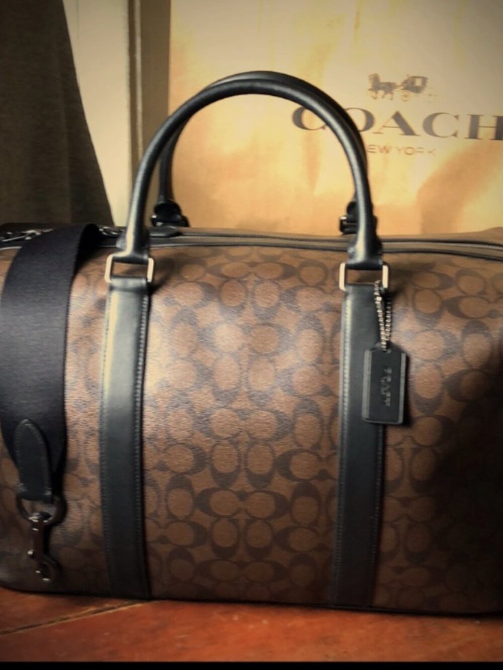 Coach Voyager 52 Duffle Bag Mahogany Brown Signature Canvas Black Leather